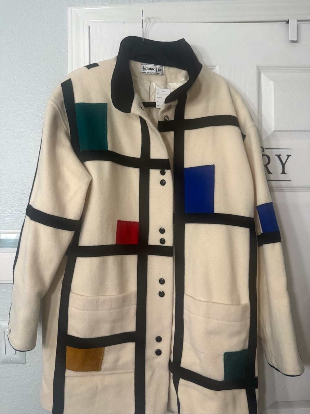 Vintage 1980s Herman Kay Mondrian-style color-block wool coat